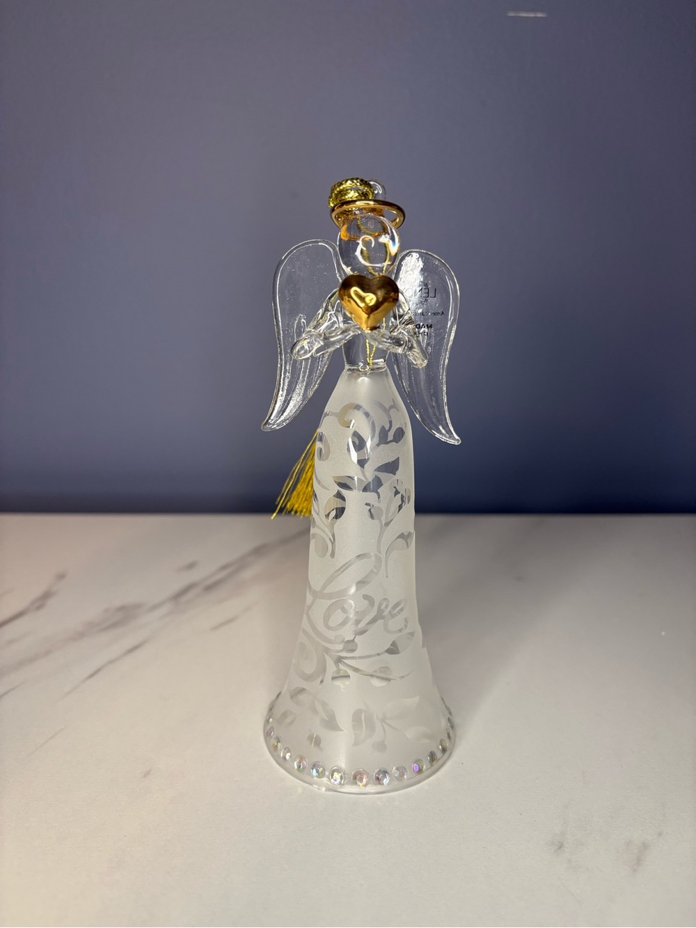 Lenox Glass Angel Figurine with Gold Heart Accent - White Frosted Design